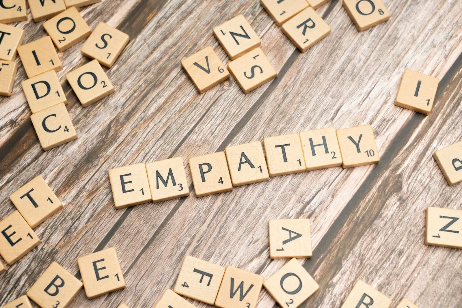 scrabble tiles spelling the word sympathy on a wooden surface