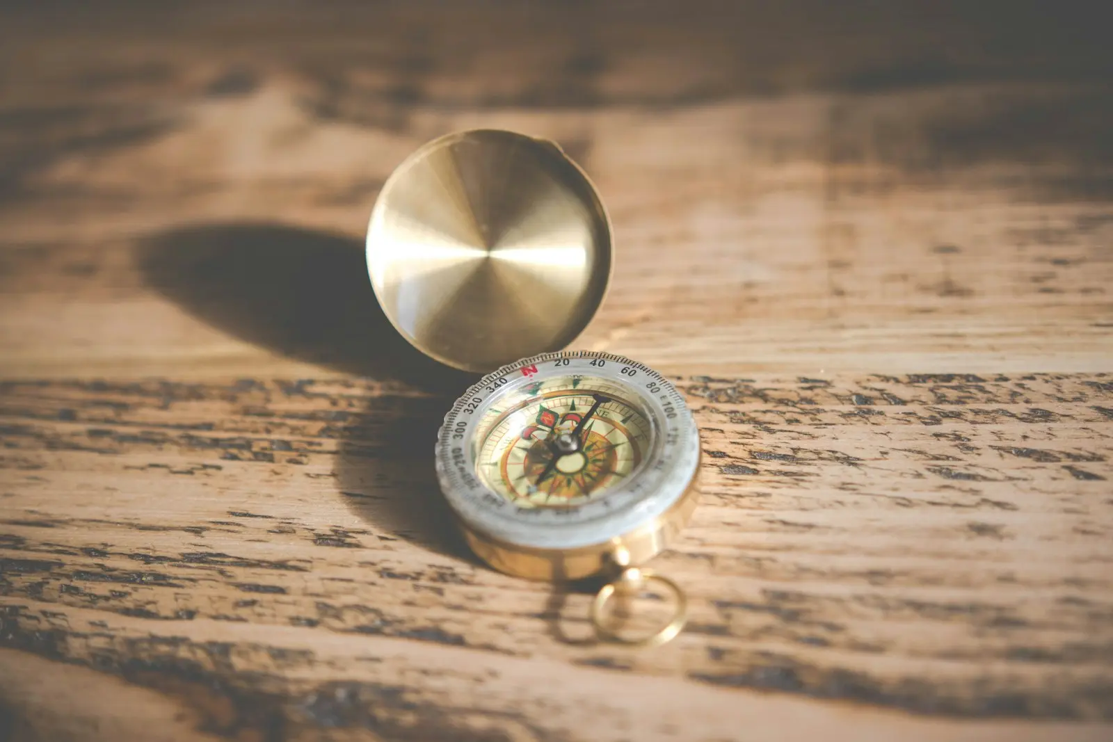 Compass resting on a wooden table